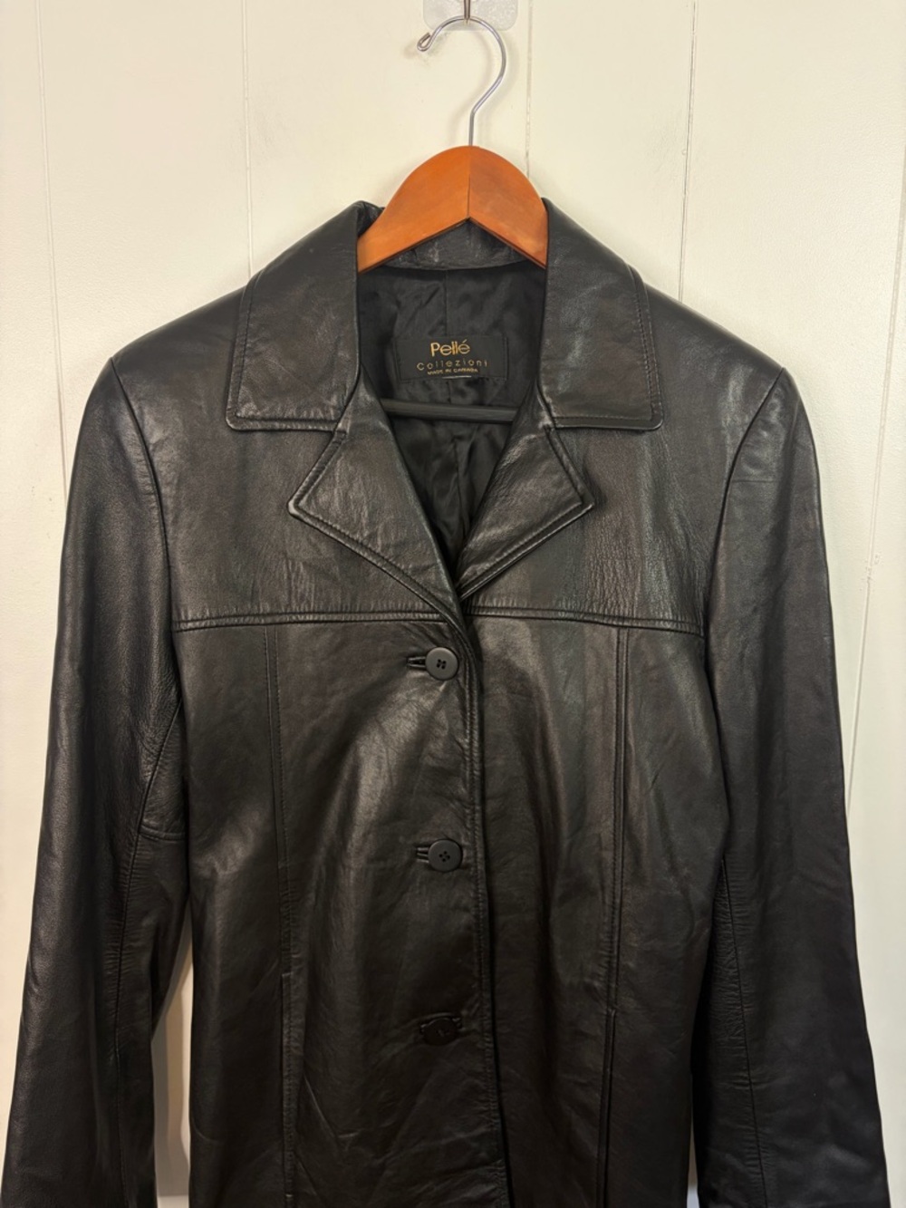 Vintage 90s Black Long Blazer Leather Jacket Coat Minimalist Womens Size Small - Picture 5 of 15